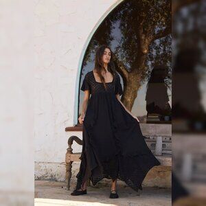 Free People Bring The Romance Midi Dress L 10 Women Blue Cotton Sheer NEW 45089